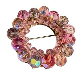Vintage 1960s Shades of Pink Crystal Beaded Circular Wreath Brooch